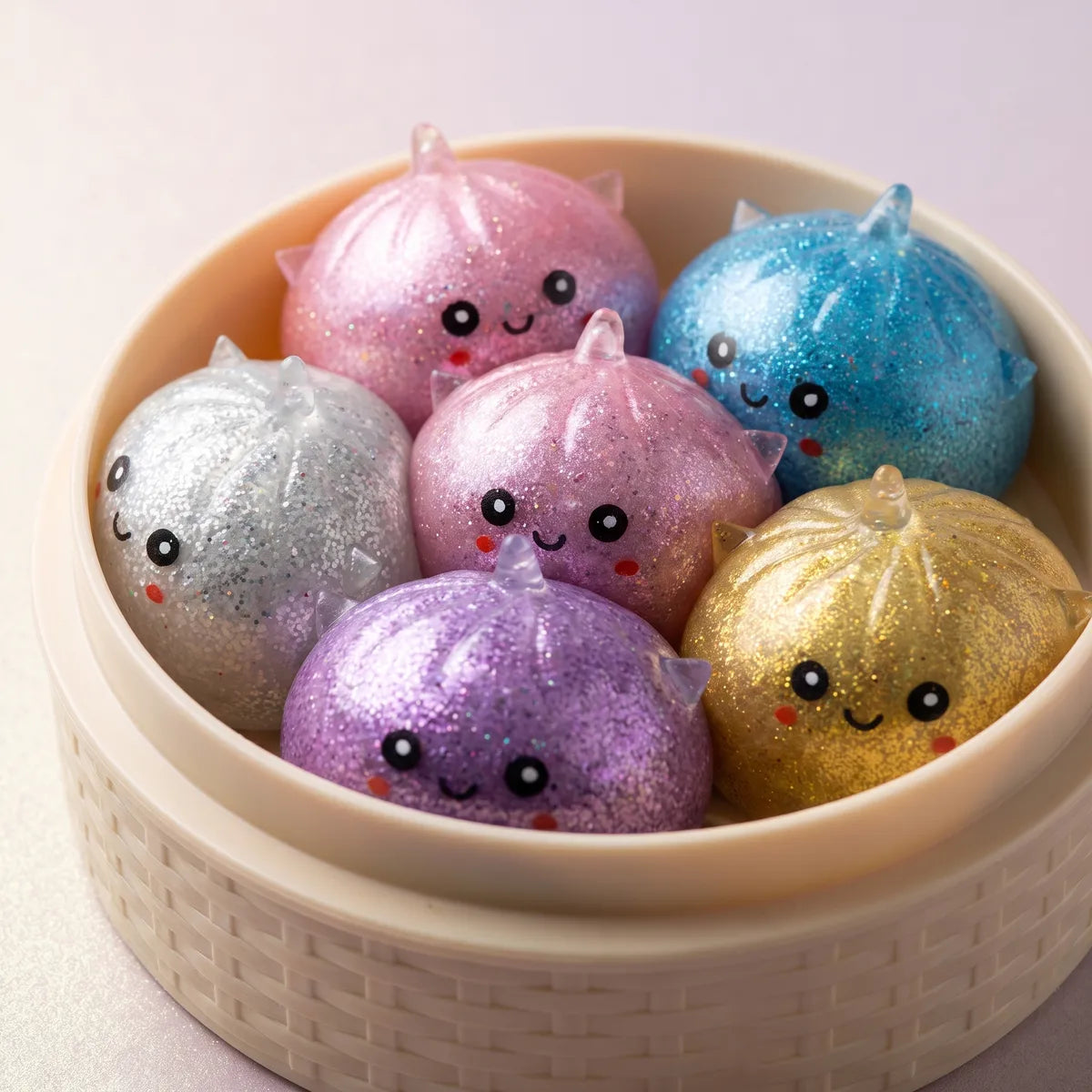 Macro close-up of the unicorn glitter dumpling squishy texture