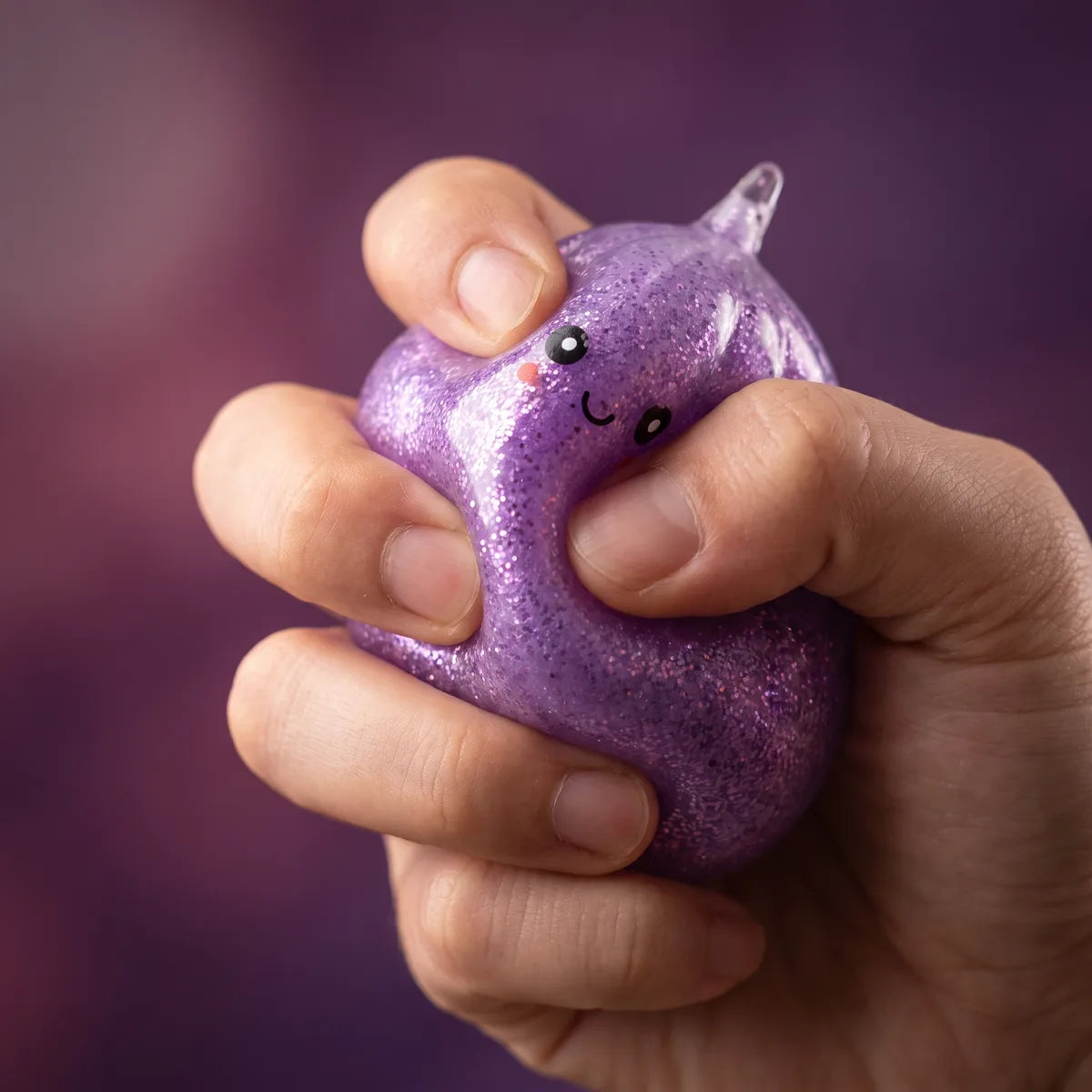 Hands playing with the unicorn glitter mystery dumpling squishy