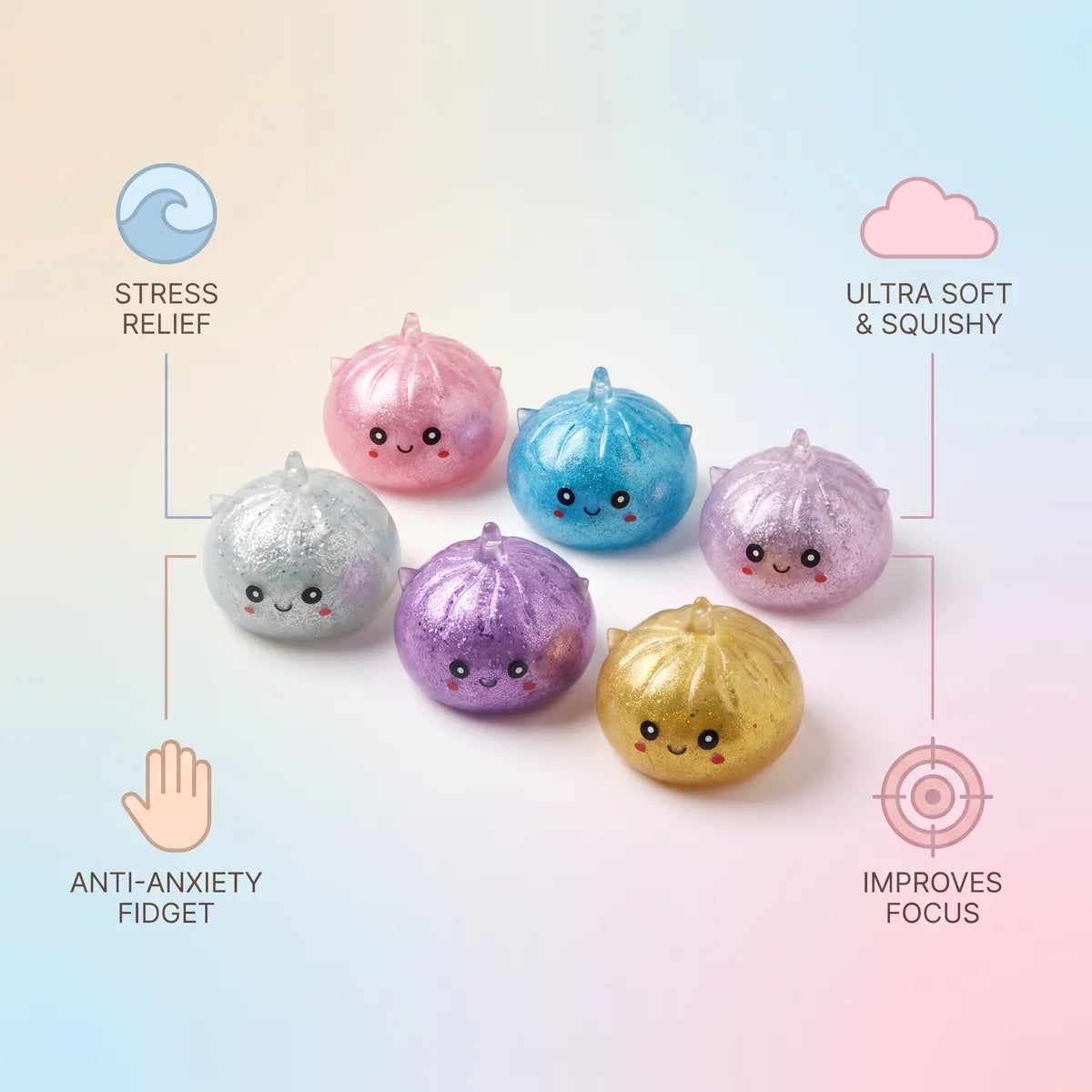 Unicorn glitter mystery dumpling squishy size guide infographic with dimensions