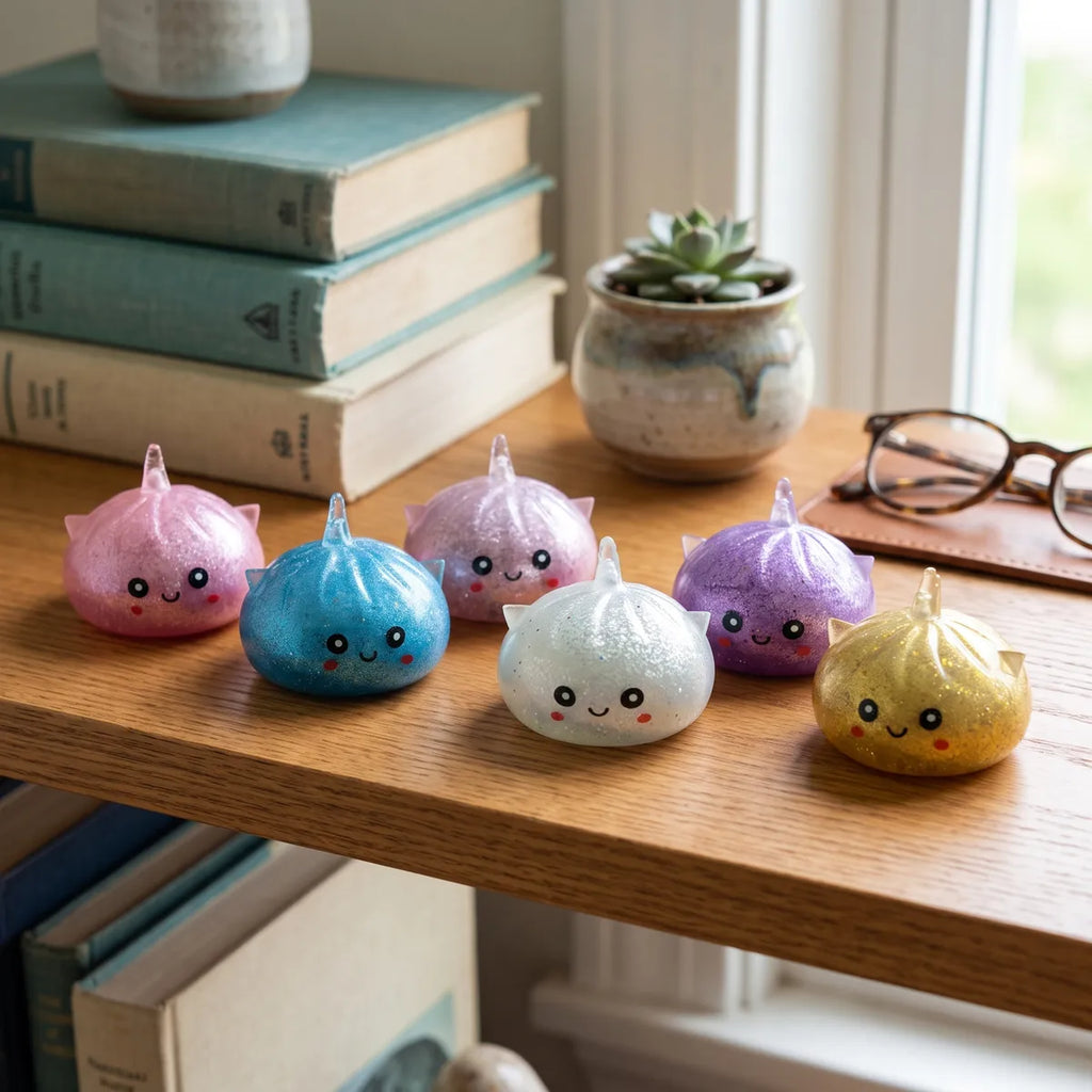 Unicorn glitter mystery dumpling squishy displayed with bamboo steamer