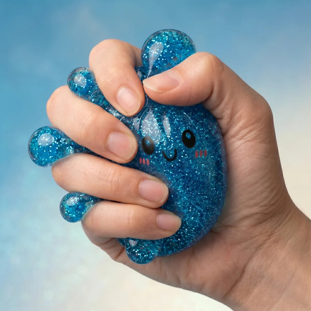 Hands playing with the mystery dumplings squishy glitter