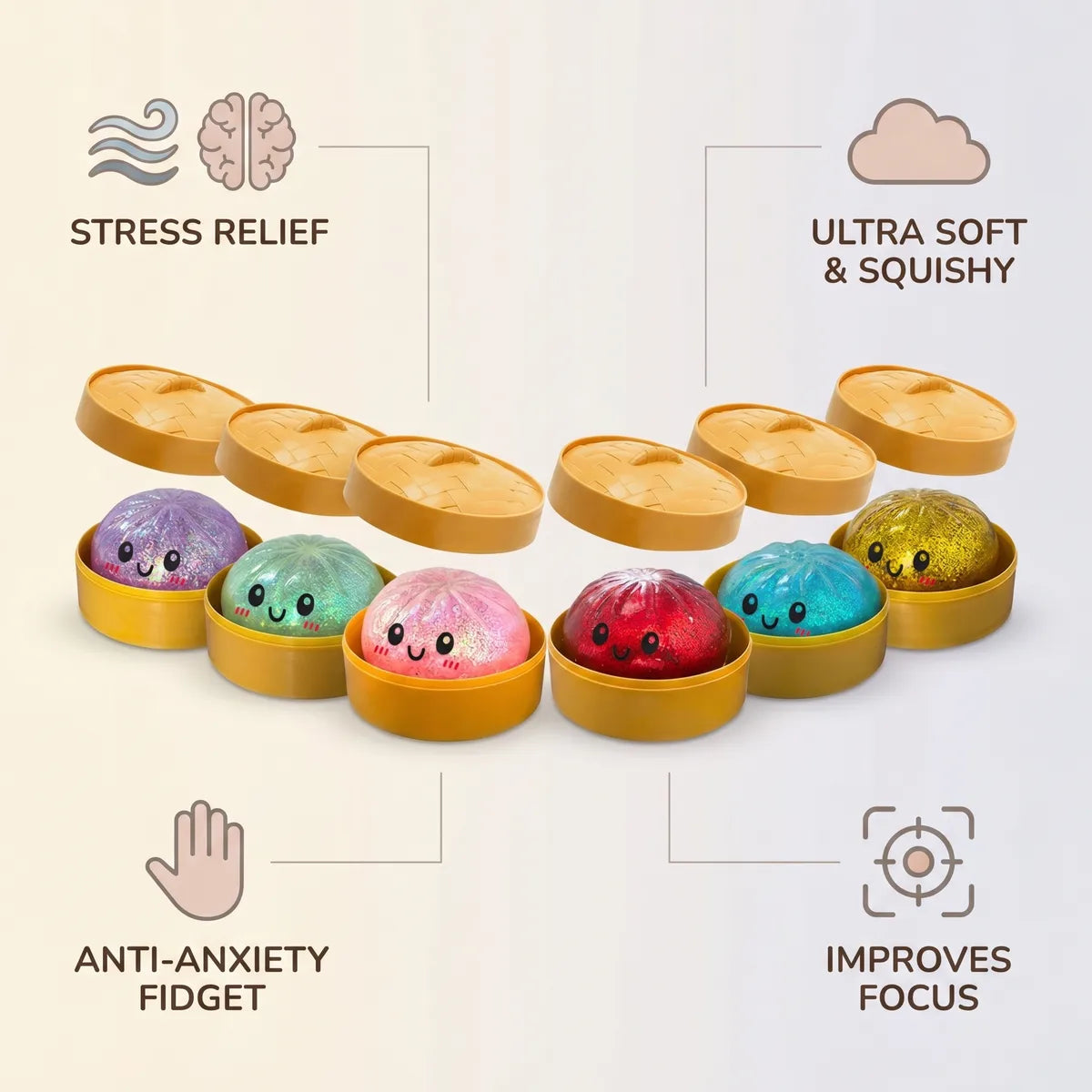 Mystery dumplings squishy glitter size guide infographic with dimensions