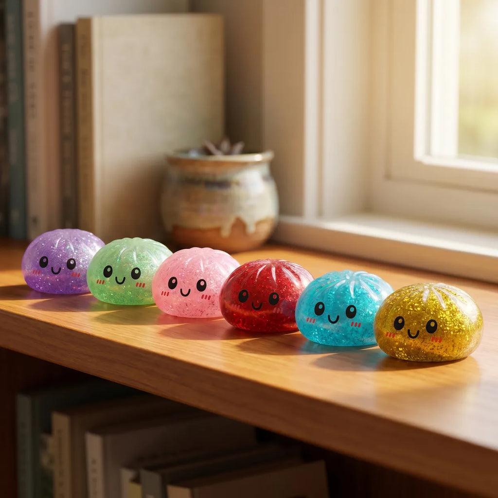 Mystery dumplings squishy glitter displayed with bamboo steamer