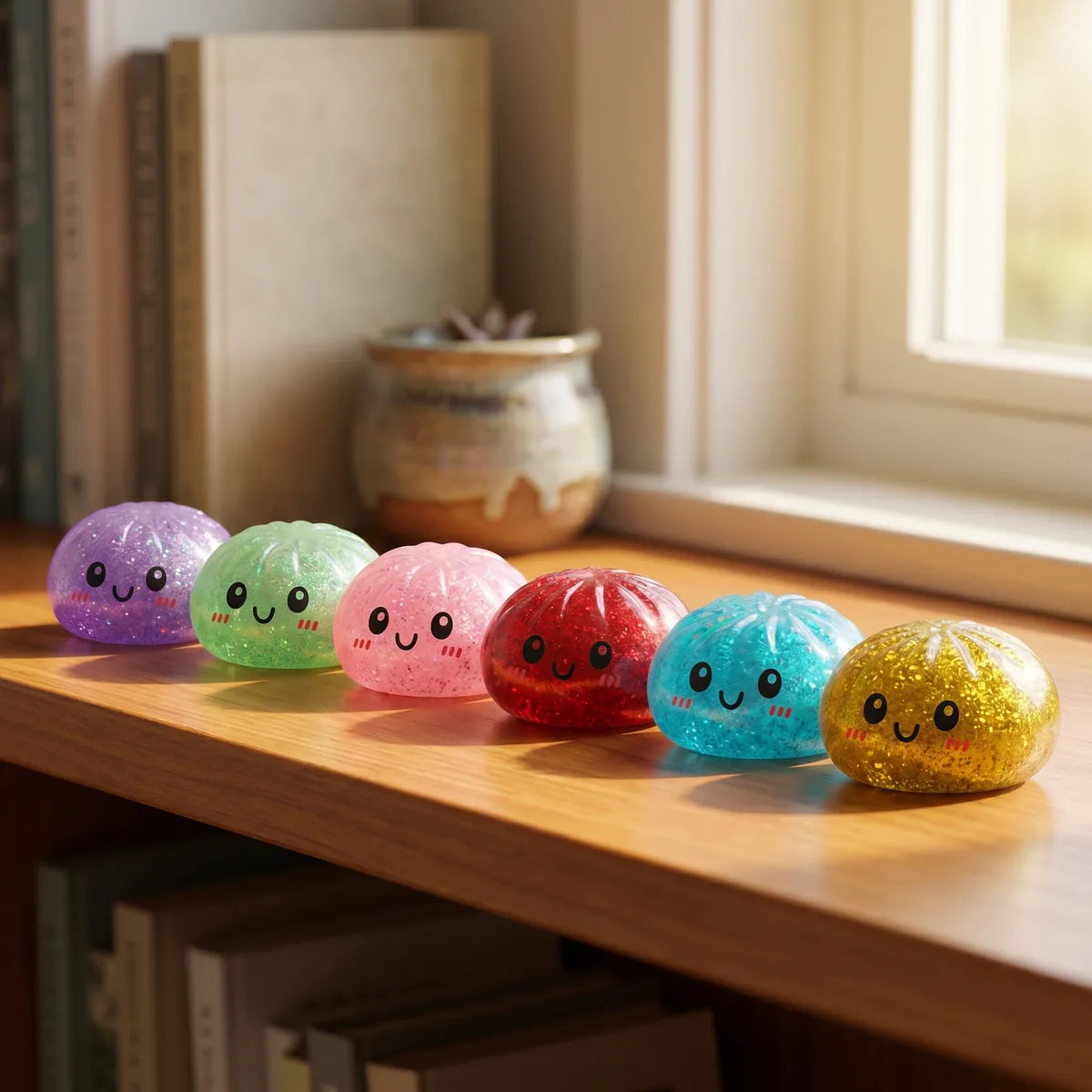 Mystery dumplings squishy glitter displayed with bamboo steamer