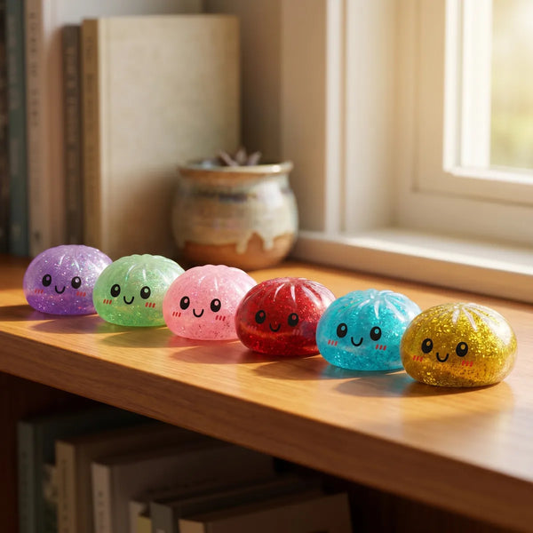 Mystery dumplings squishy glitter displayed with bamboo steamer