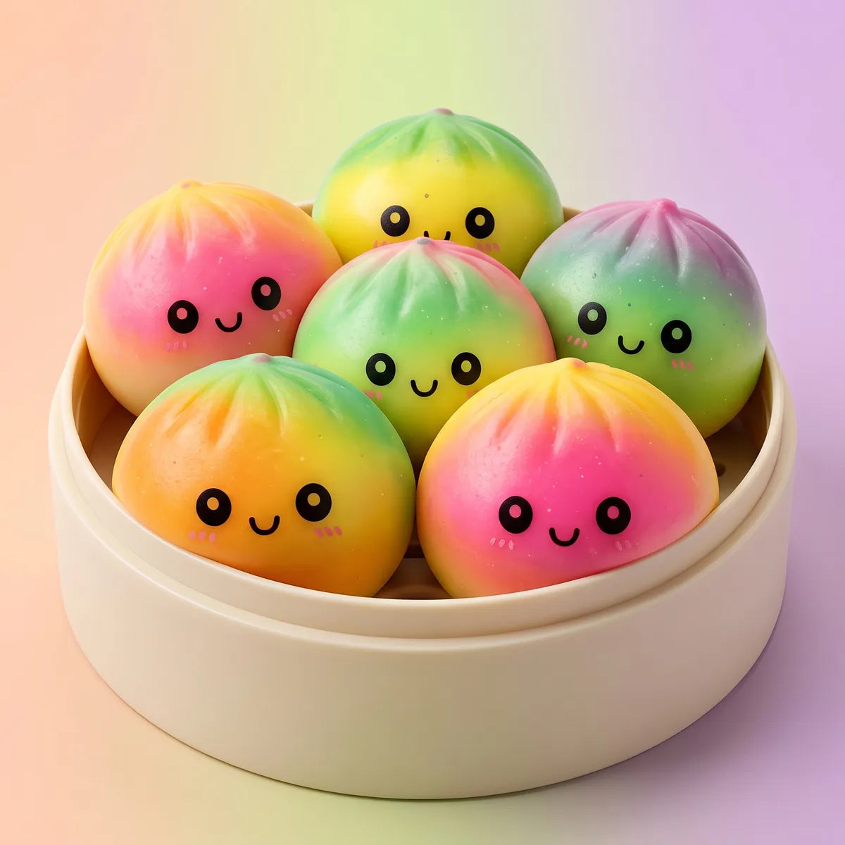 Fade dumpling squishies inside a bamboo steamer box