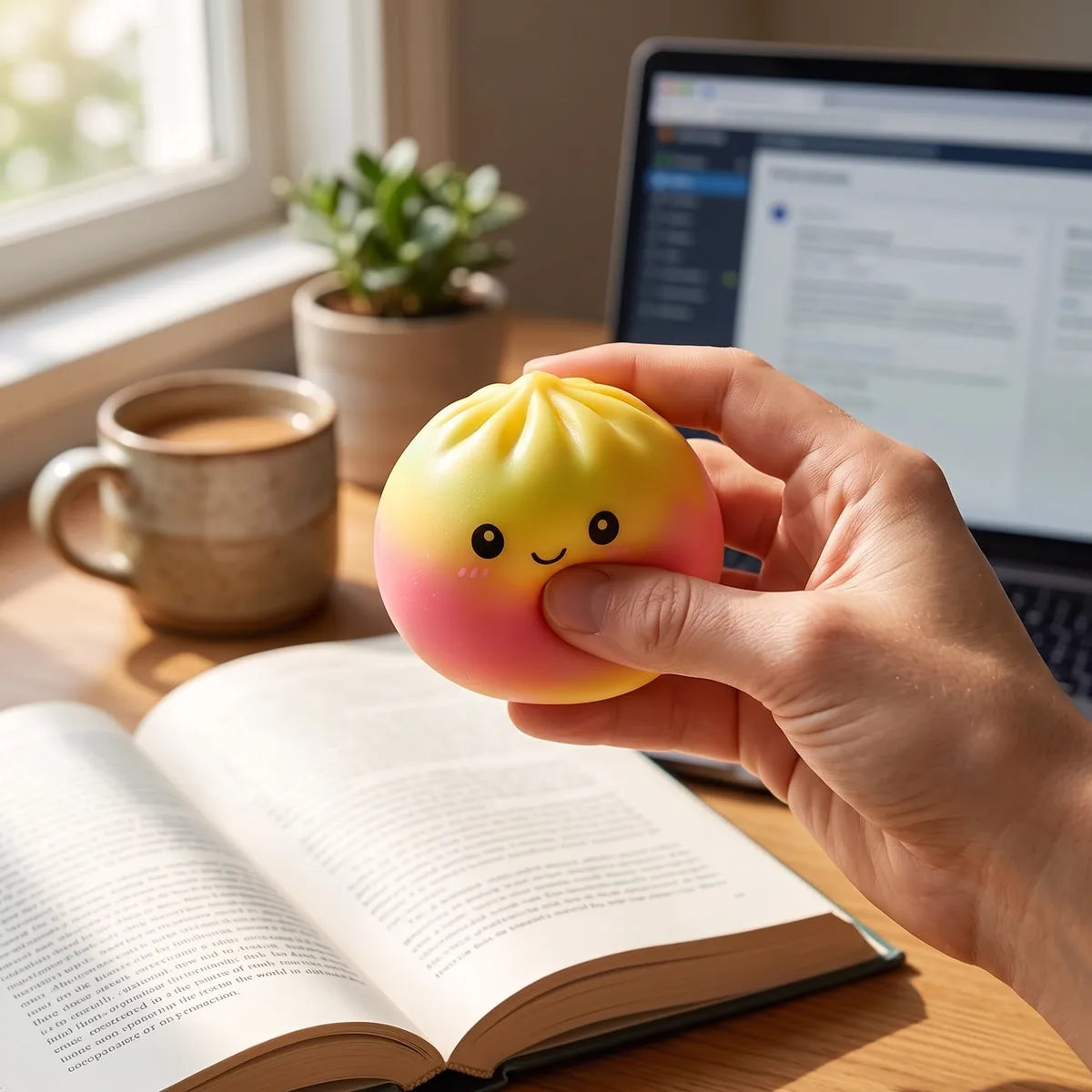Person using a fade dumpling squishy for stress relief
