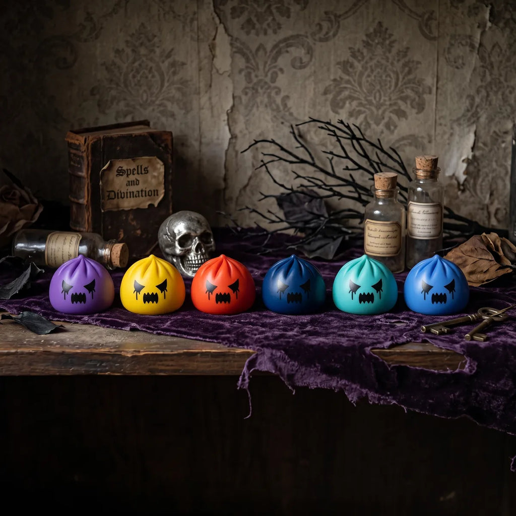 Mystery ghost dumpling squishies styled in a spooky Halloween horror scene