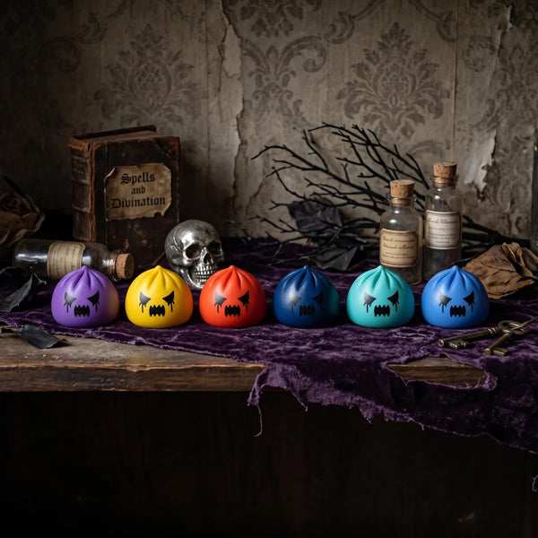 Mystery ghost dumpling squishies styled in a spooky Halloween horror scene