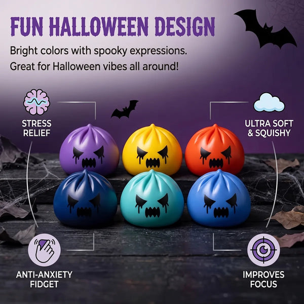 Infographic listing the stress relief benefits of the mystery ghost dumpling squishy
