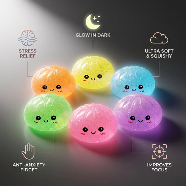 Glow in the dark glitter dumpling squishy features and benefits overview