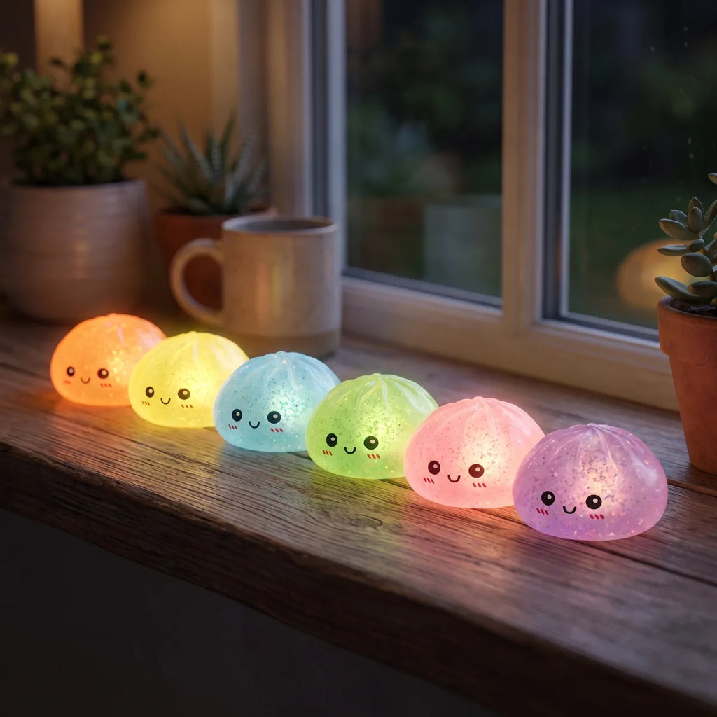 Glow in the dark glitter dumpling squishy styled in a cozy lifestyle setting