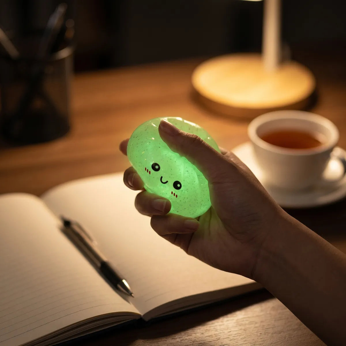 Person using a glow in the dark glitter dumpling squishy for stress relief