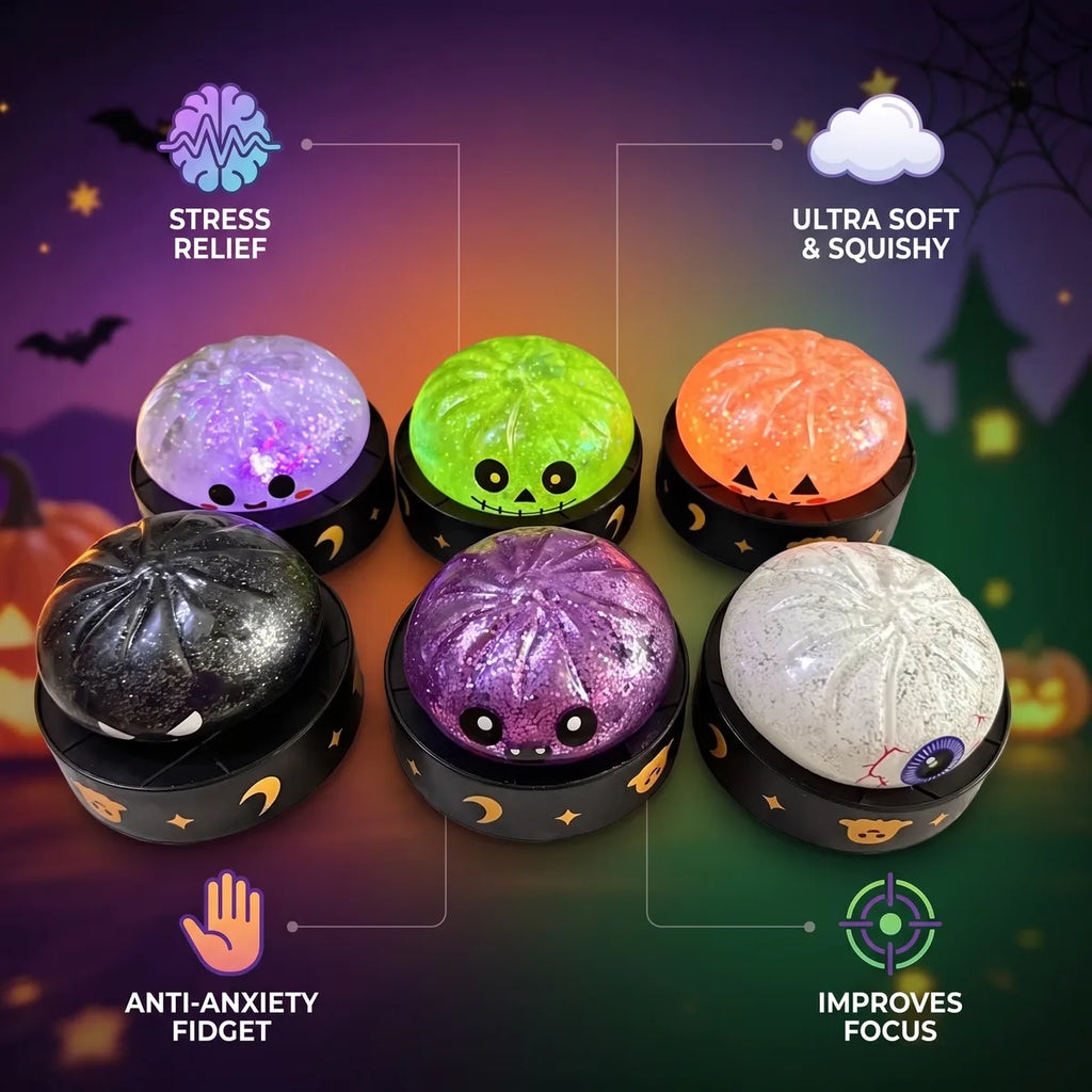 Halloween mystery dumpling squishy designs displayed together with stress relief and anti anxiety fidget benefit icons