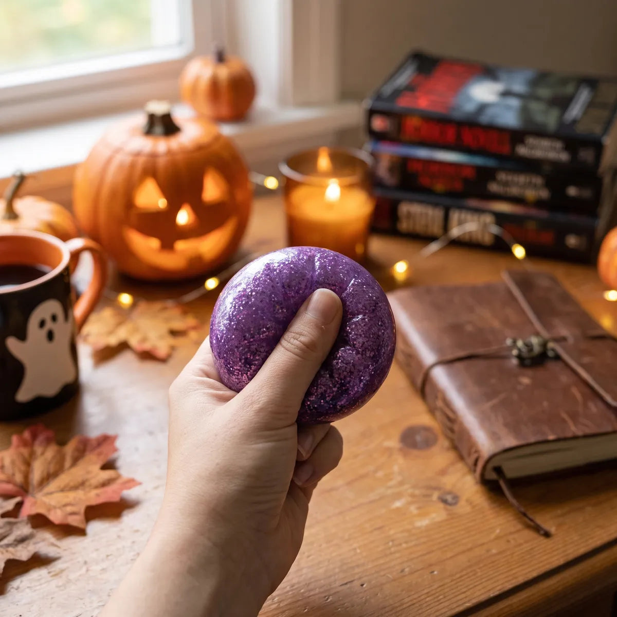 Person opening and squeezing a Halloween mystery dumpling squishy as a stress relief fidget toy