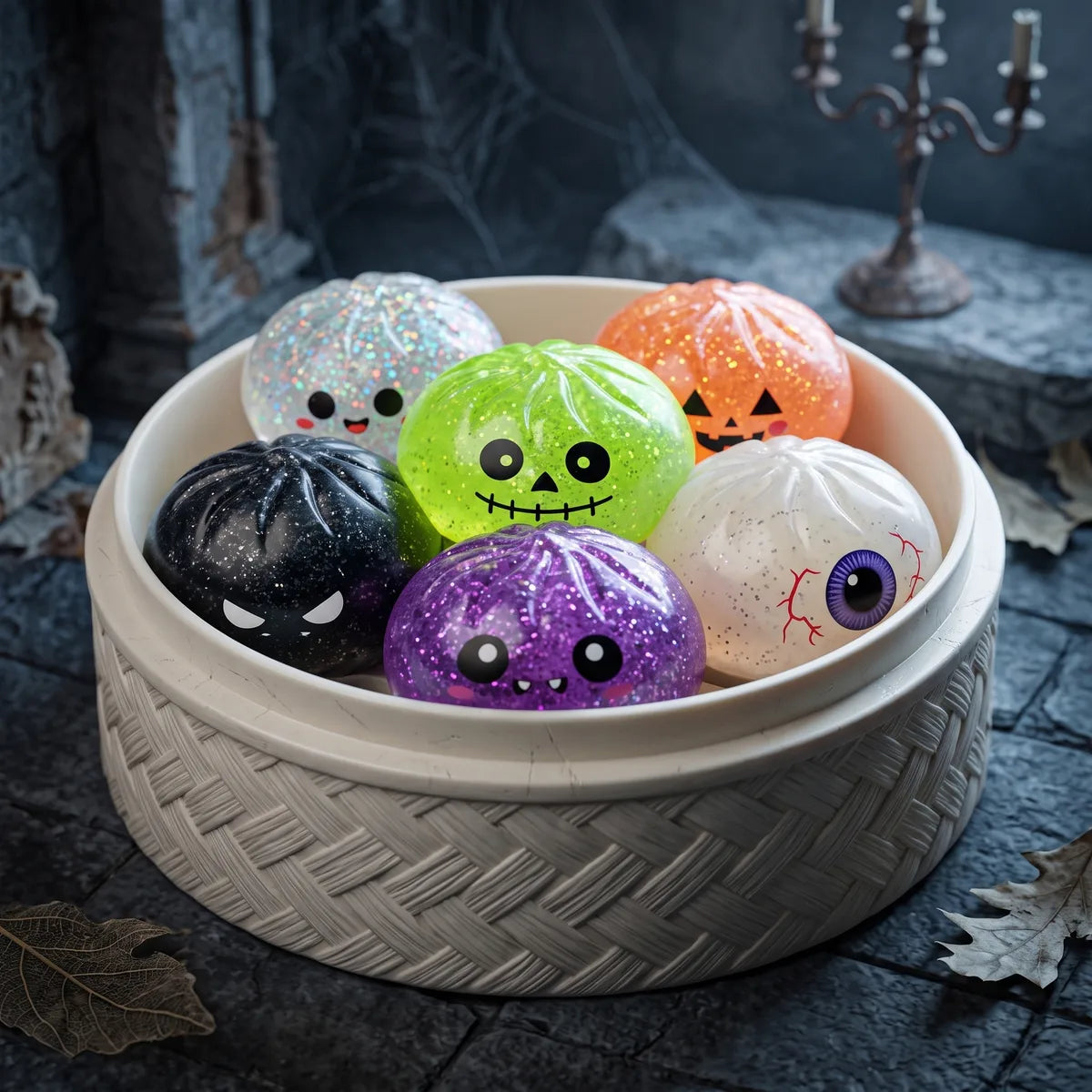 Sealed Halloween mystery dumpling squishy boxes shown with a bamboo steamer style gift box