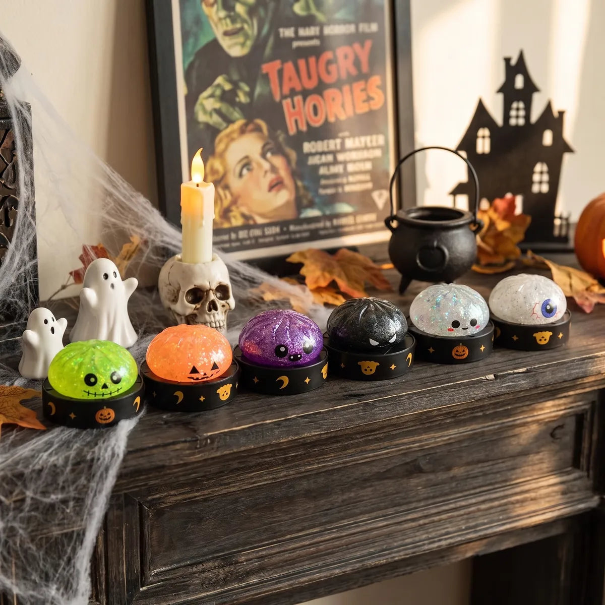 Halloween mystery dumpling squishy styled in a haunted house and jack o lantern lifestyle scene