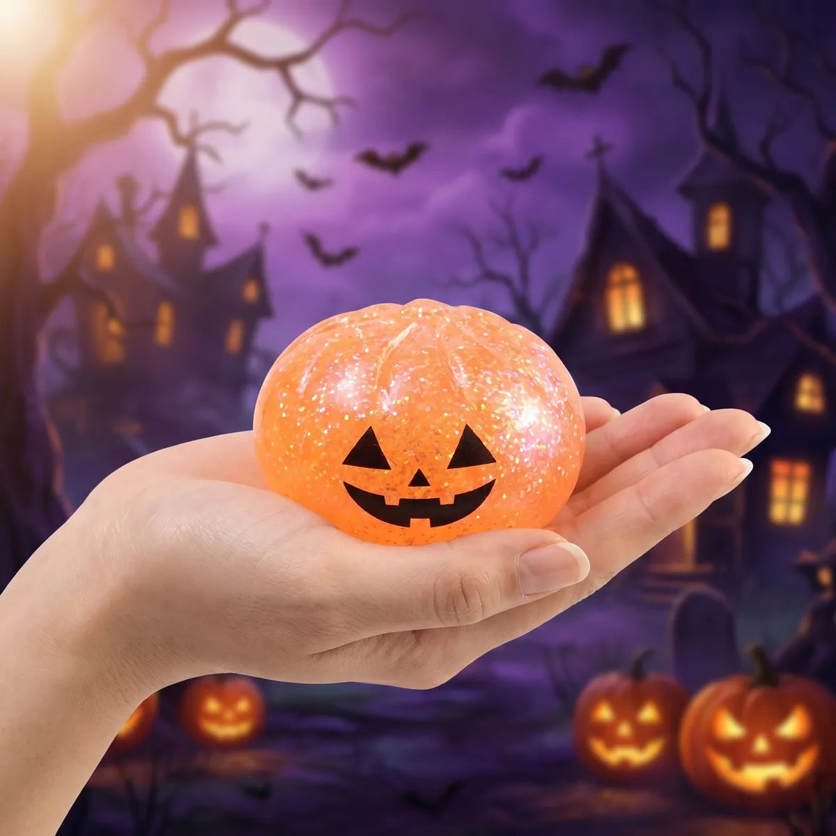 Hand holding an 8.5 cm Halloween mystery dumpling squishy to show its real size