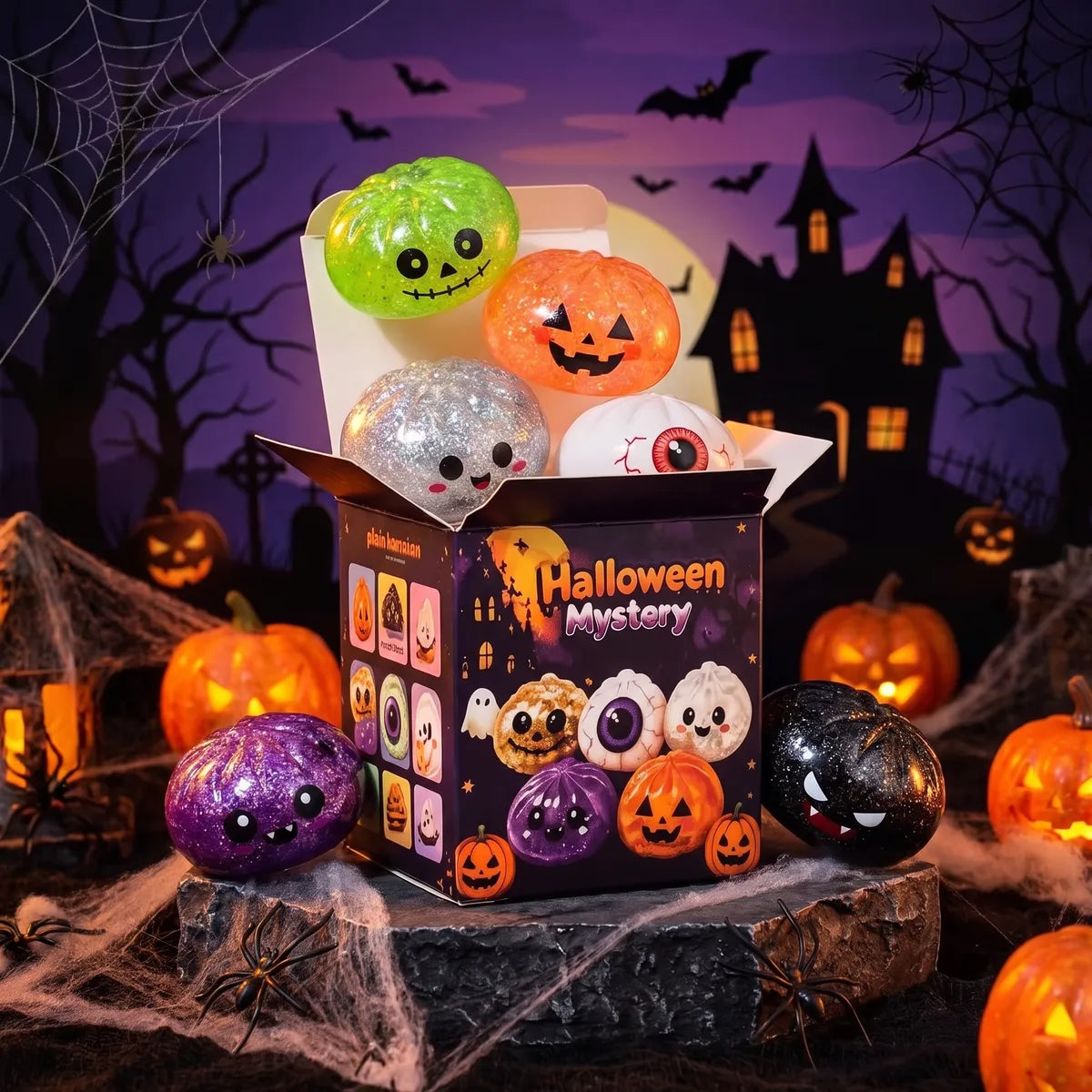 Halloween mystery dumpling squishy box open with the green skull orange pumpkin silver ghost eyeball purple vampire and black bat designs around it Main image