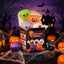 Halloween mystery dumpling squishy box open with the green skull orange pumpkin silver ghost eyeball purple vampire and black bat designs around it