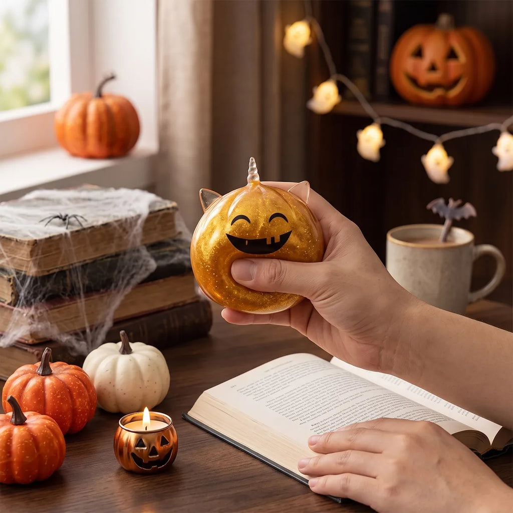 Person squeezing a mystery Halloween unicorn dumpling squishy as a fidget toy