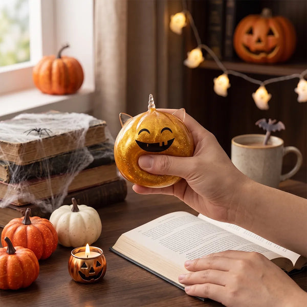 Person squeezing a mystery Halloween unicorn dumpling squishy as a fidget toy