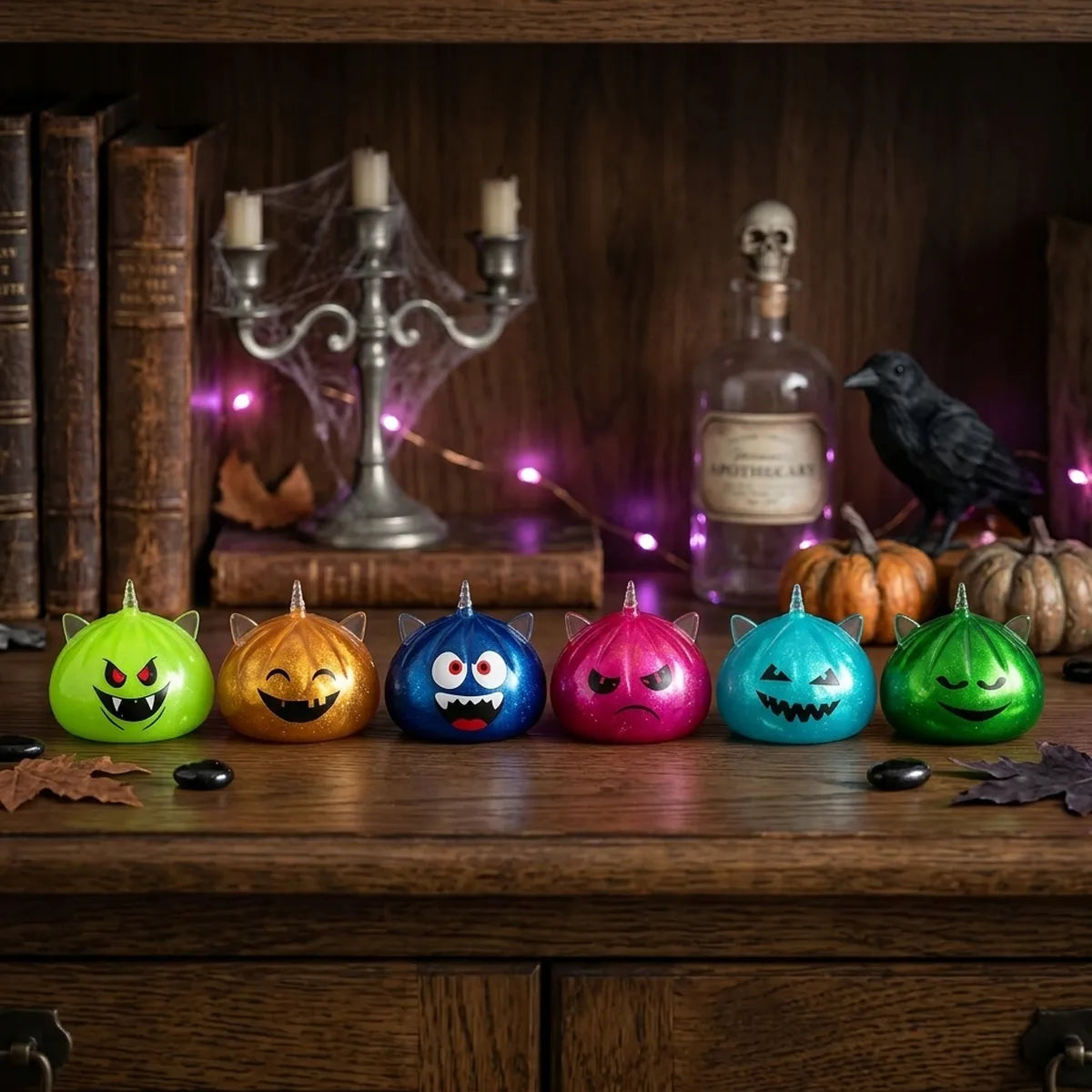 Mystery Halloween unicorn dumpling squishies styled in a haunted Halloween scene