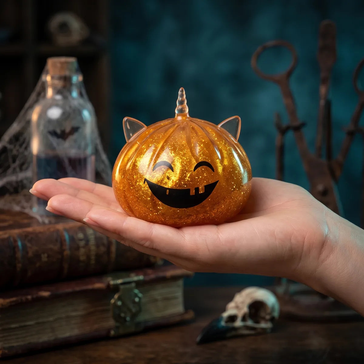 Hand holding an 8 cm Halloween unicorn dumpling squishy to show its size