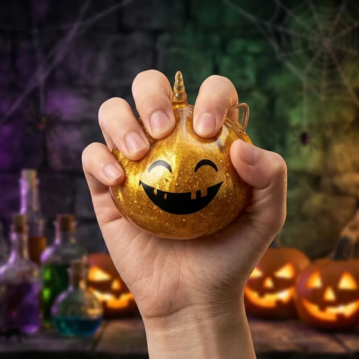 Hand squeezing a Halloween unicorn dumpling squishy to show its slow rise