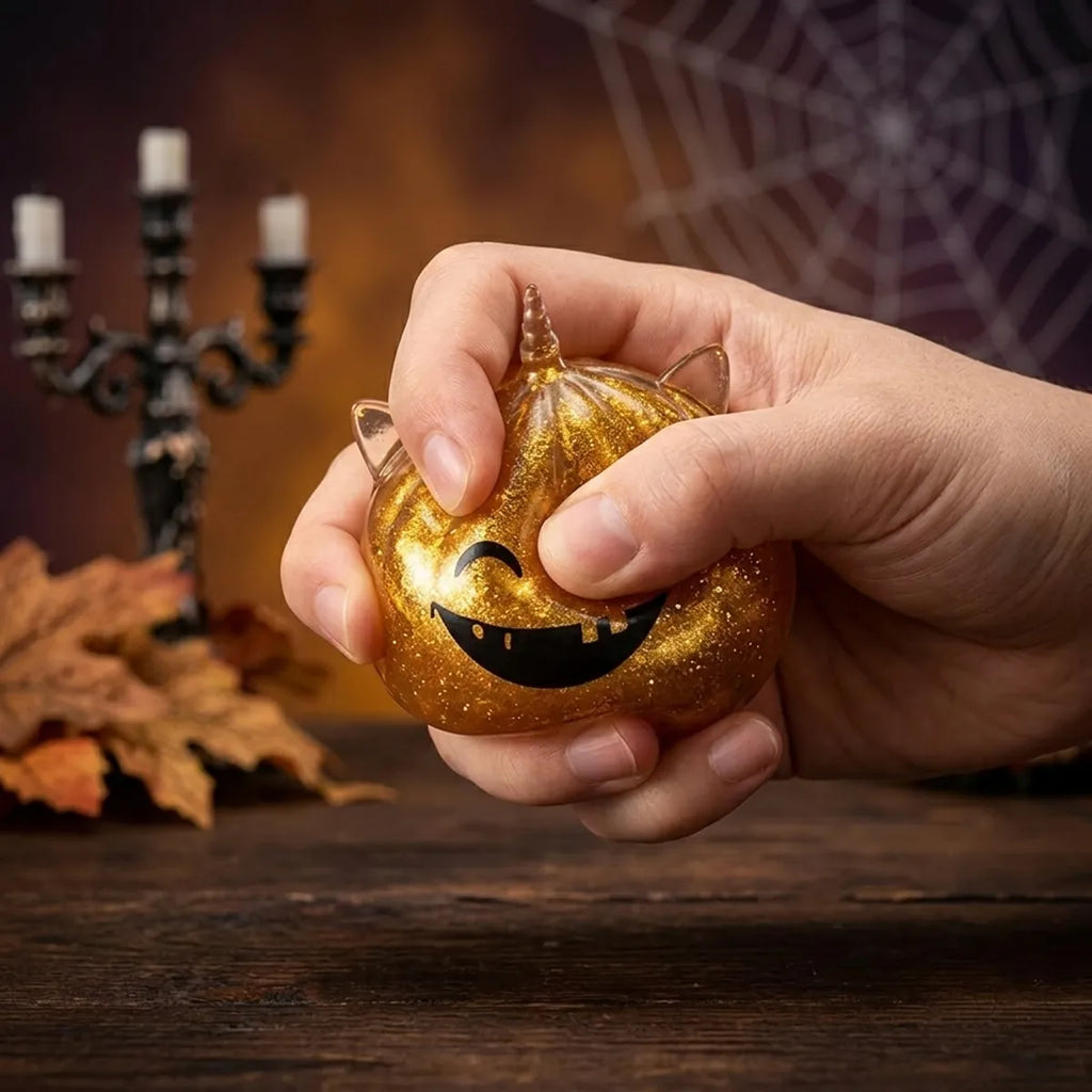 Close up squeeze of a Halloween unicorn dumpling squishy showing its metallic chrome skin