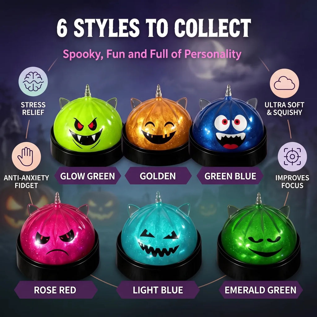 Infographic listing the stress relief benefits of the mystery Halloween unicorn dumpling squishy