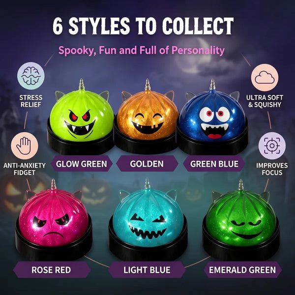 Infographic listing the stress relief benefits of the mystery Halloween unicorn dumpling squishy