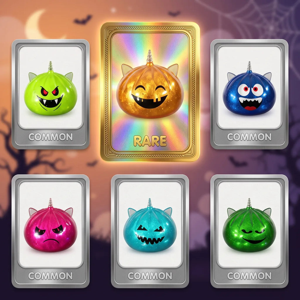 Mystery Halloween unicorn dumpling squishy variants and rarity chart with the rare orange pumpkin