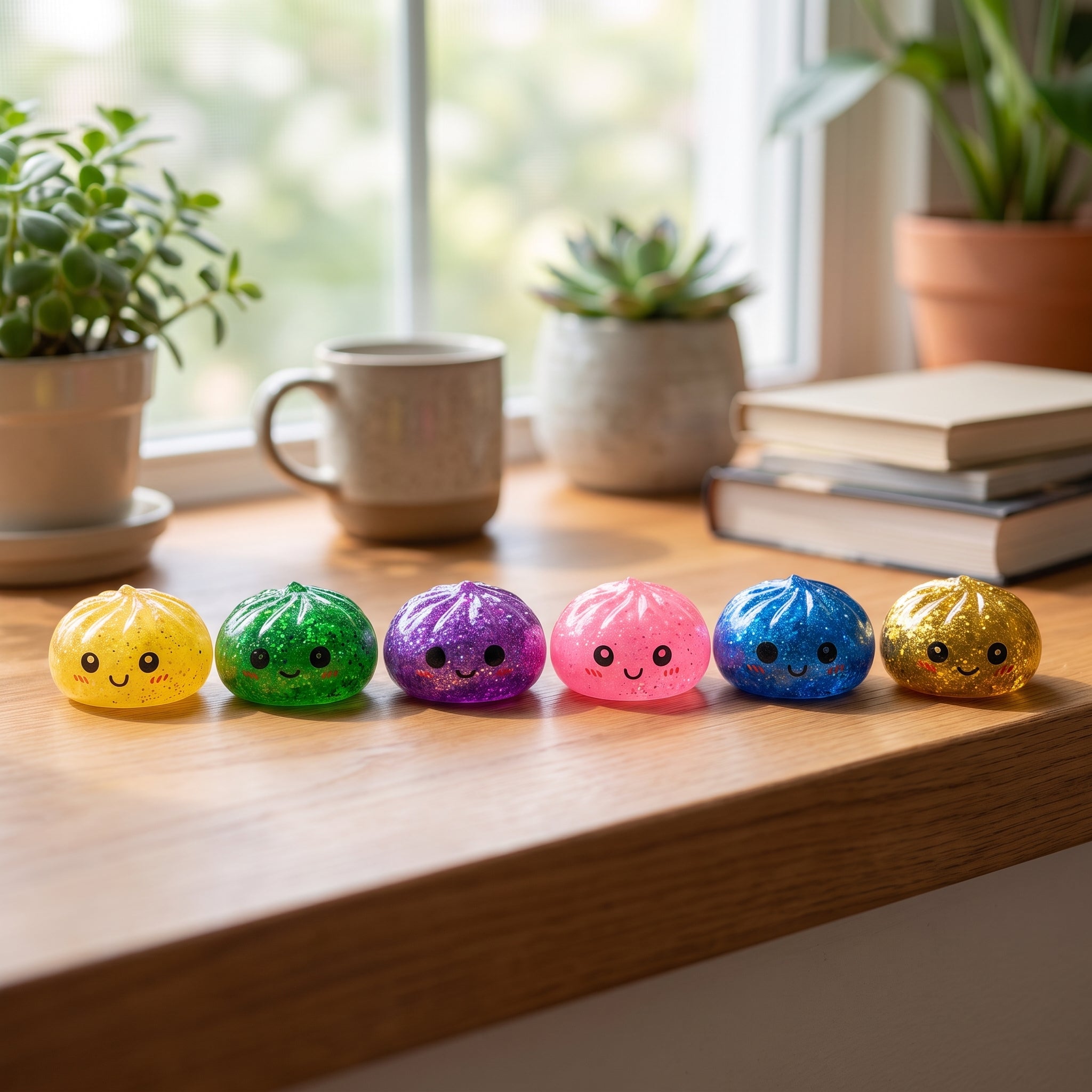 Mini glitter dumpling squishy set displayed together