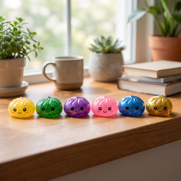 Mini glitter dumpling squishy set displayed together