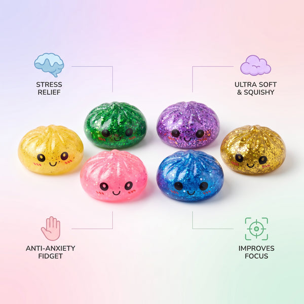 Mini glitter dumpling squishy set features and benefits overview