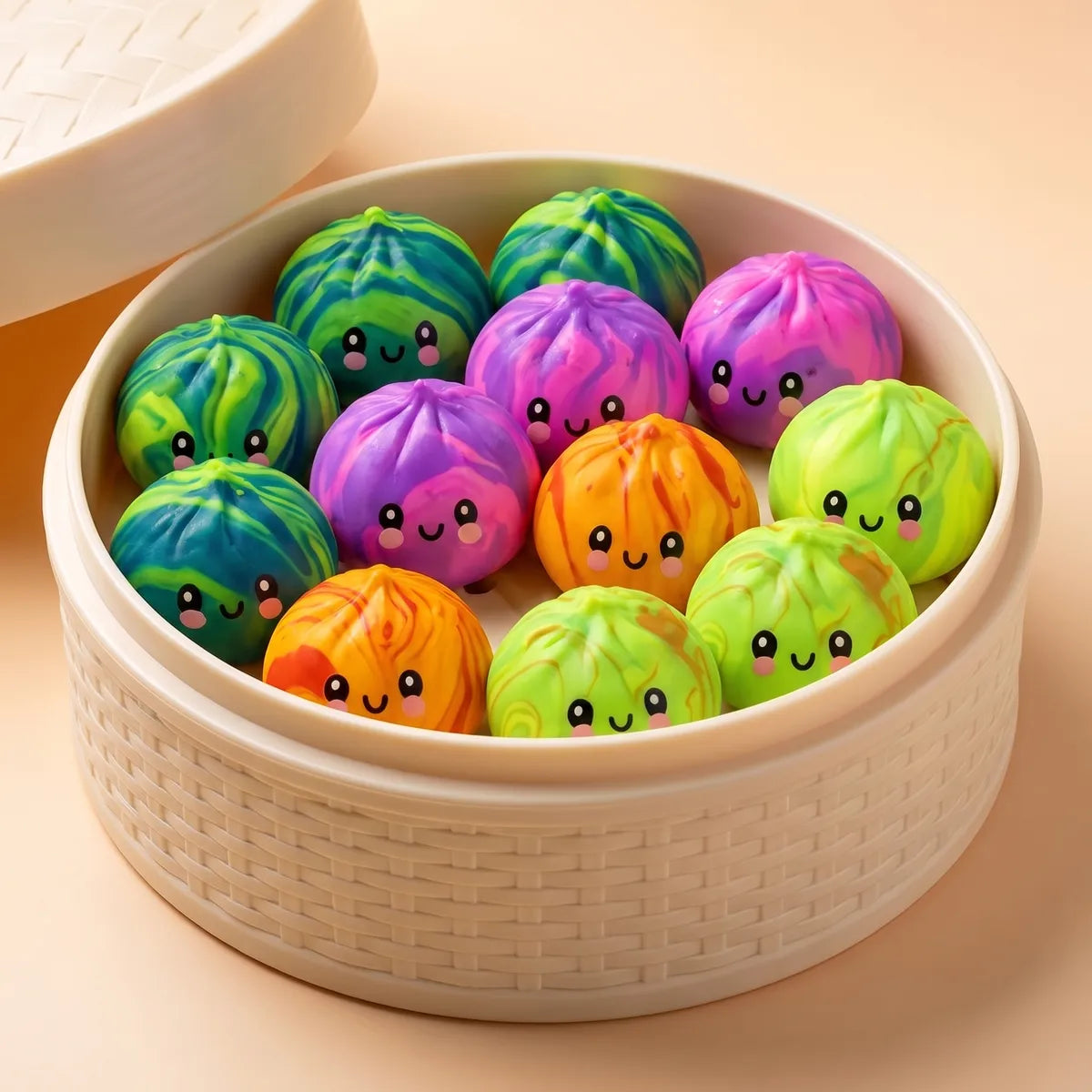 Mini tie dye dumpling squishies inside a bamboo steamer box