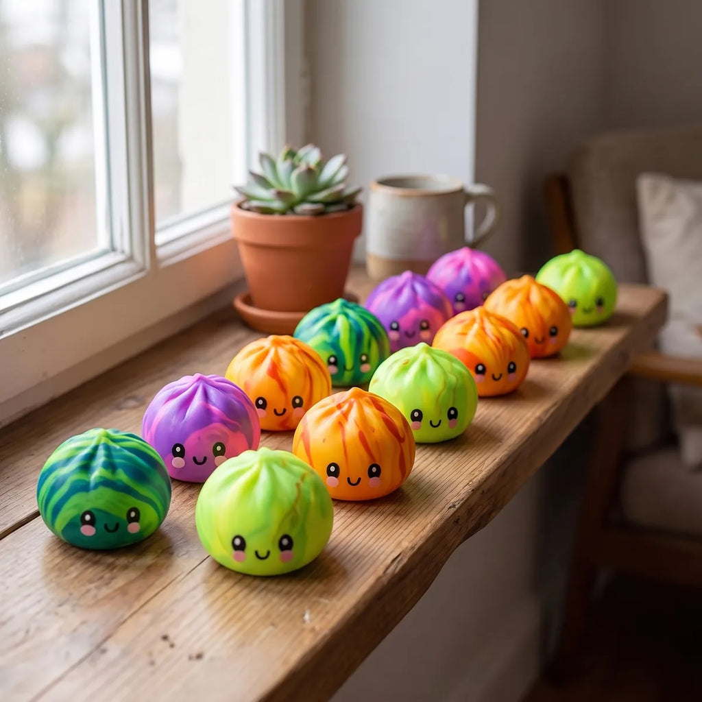 Mini tie dye dumpling squishies styled in a cozy lifestyle setting