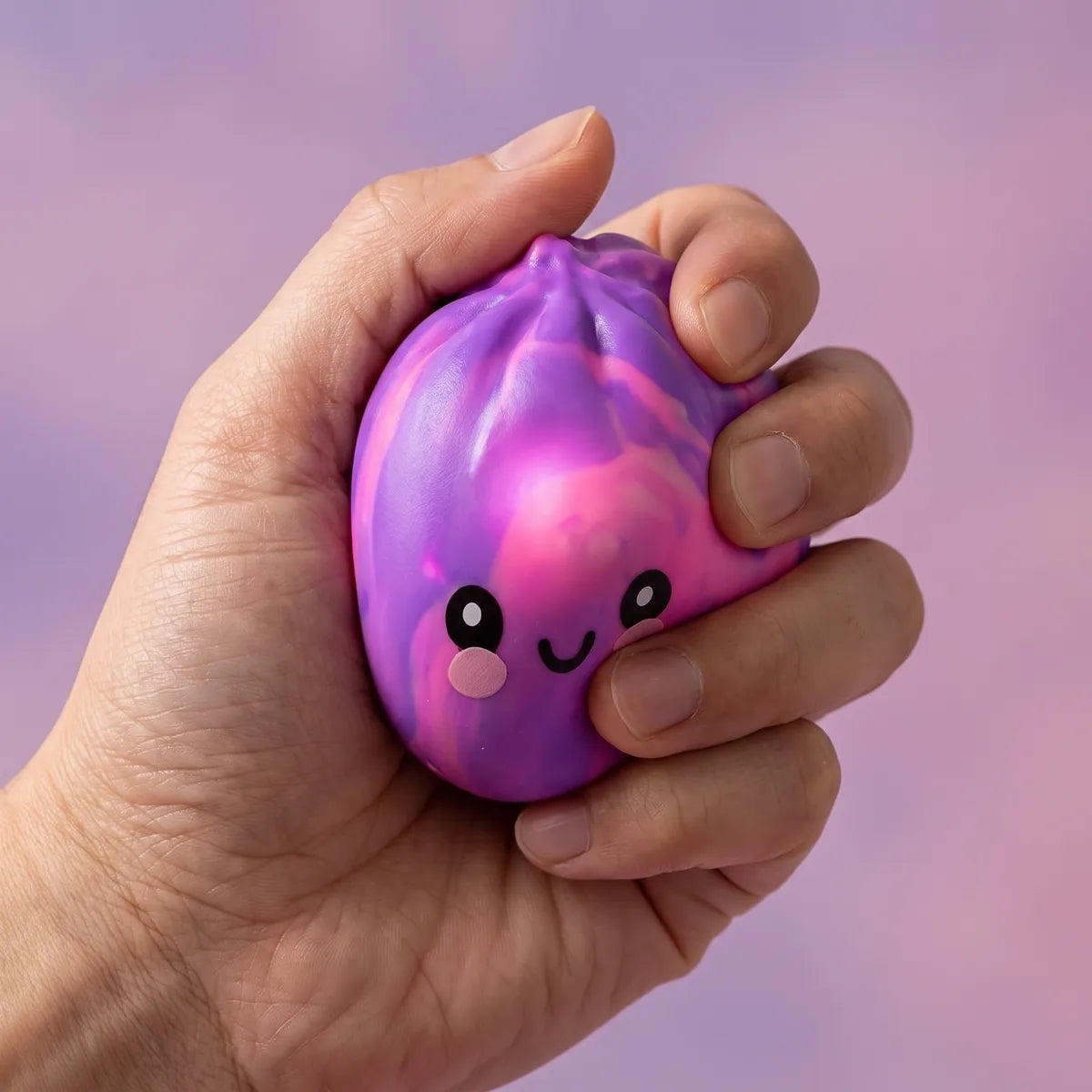 Hand squeezing a mini tie dye dumpling squishy