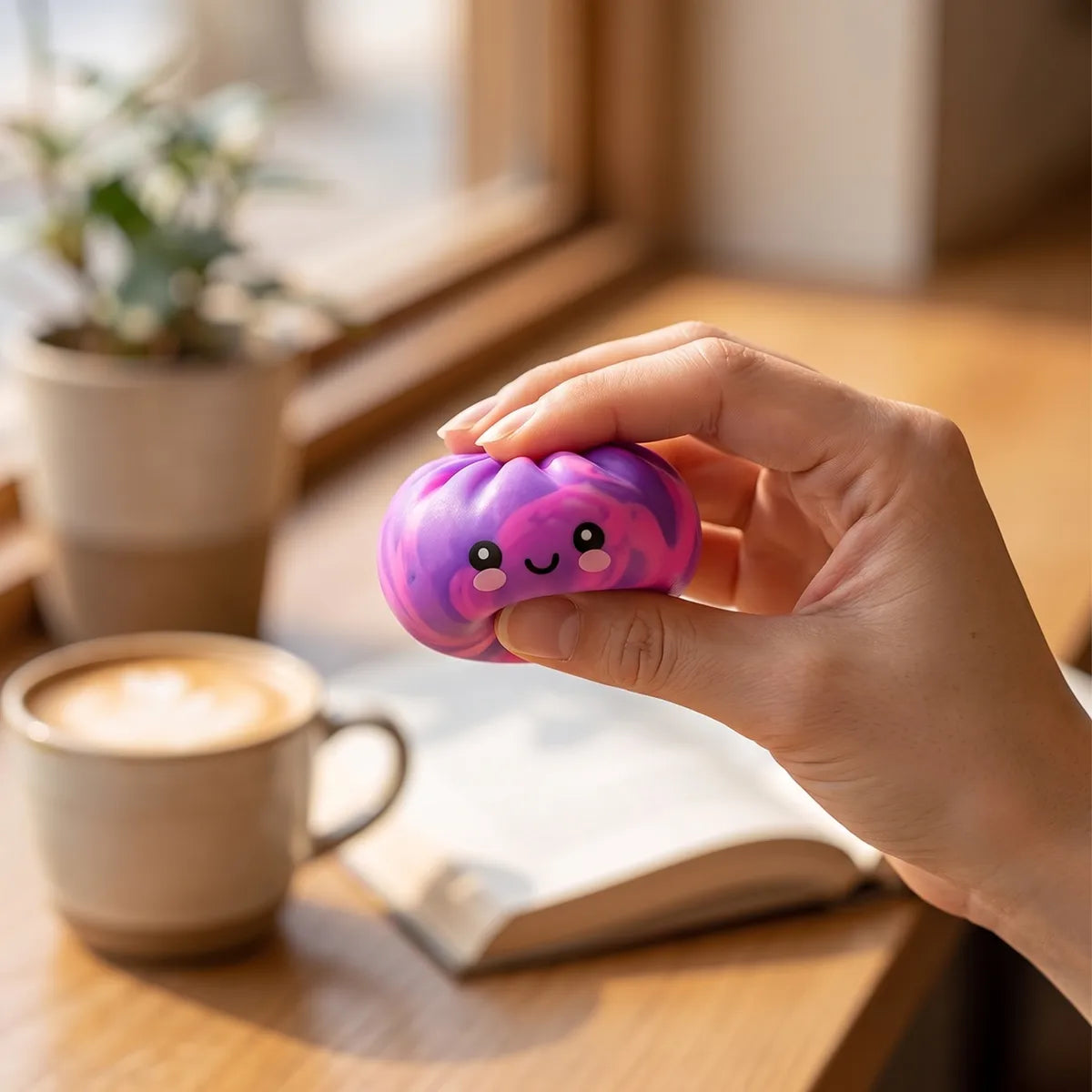 Person using a mini tie dye dumpling squishy for stress relief