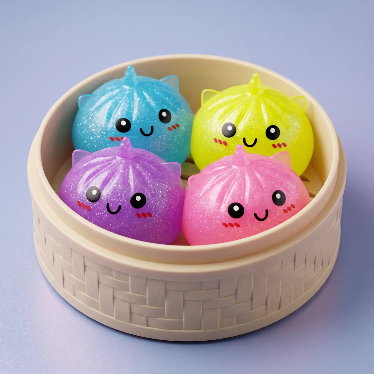 Mini unicorn dumpling squishies inside a bamboo steamer box