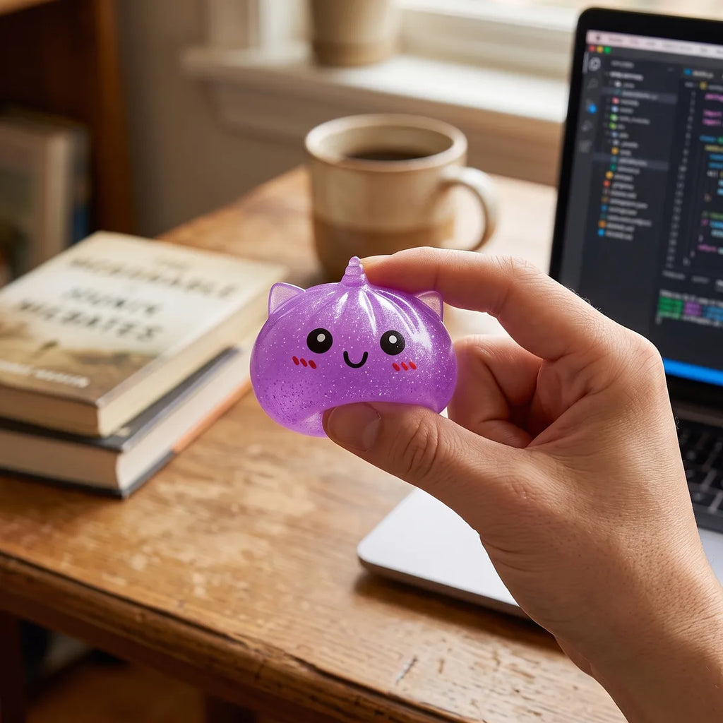 Person using a mini unicorn dumpling squishy for stress relief