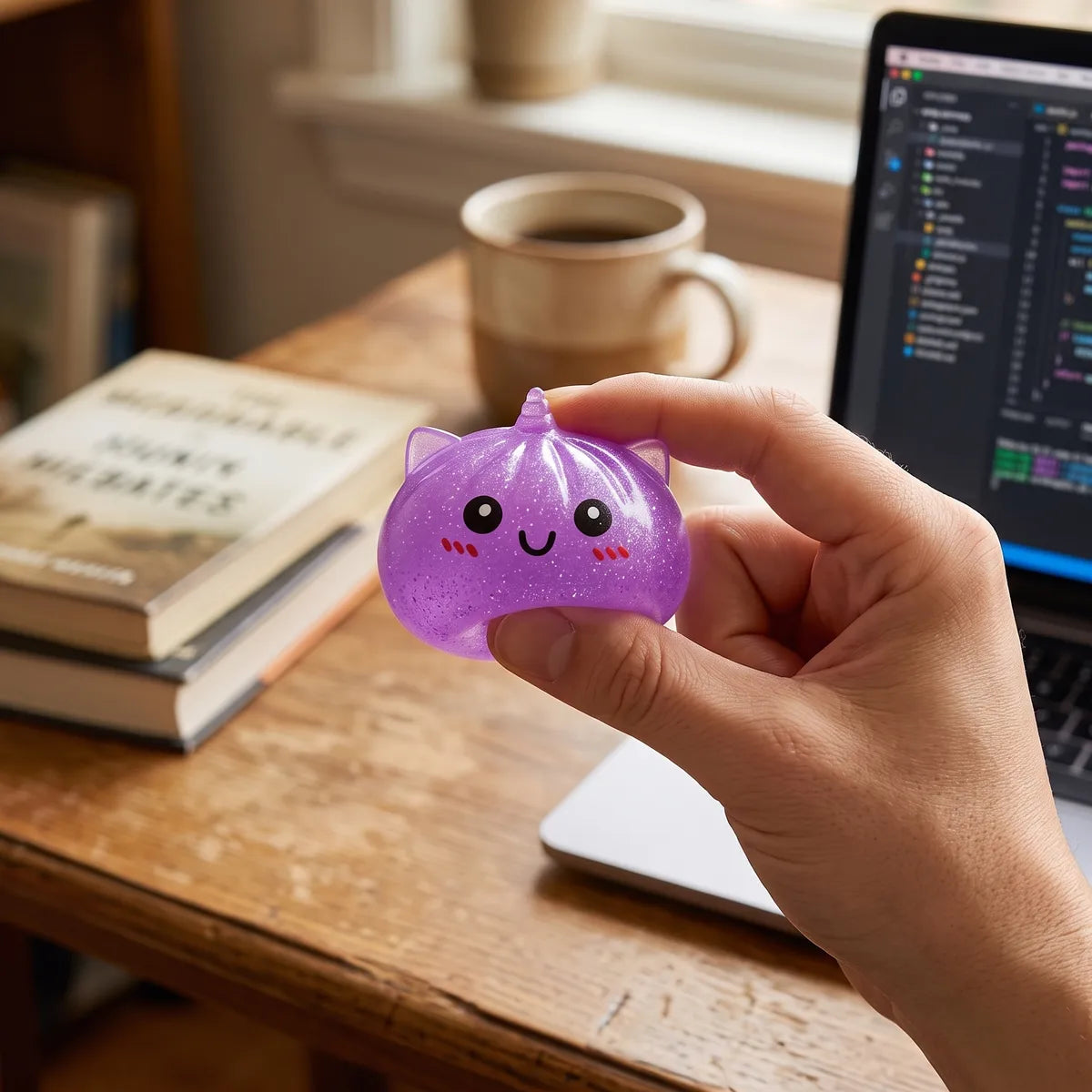 Person using a mini unicorn dumpling squishy for stress relief