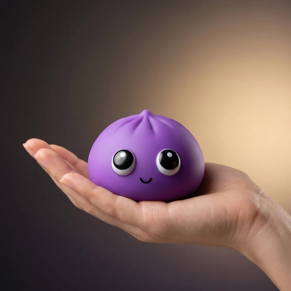 Hand holding an 8 cm mystery pop dumpling squishy to show its size