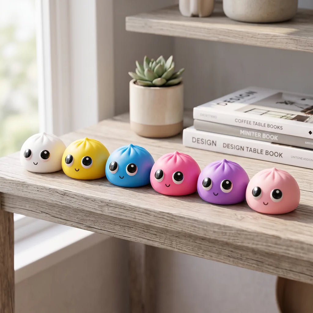 Mystery pop dumpling squishies displayed together in a back to school scene