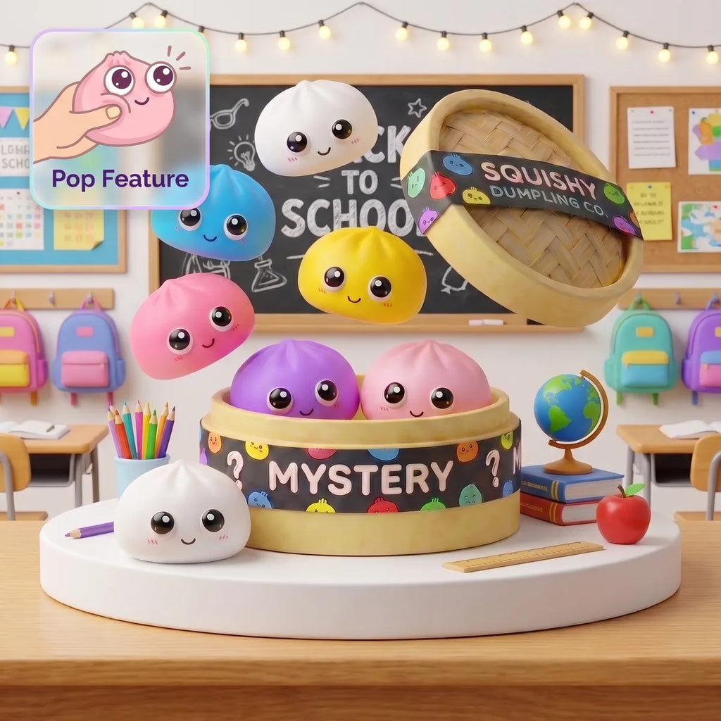 Big eyes mystery pop dumpling squishies floating above a Mystery steamer box in a classroom