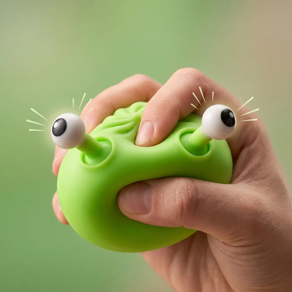 Hand squeezing a mystery pop dumpling squishy to show its pop in crown