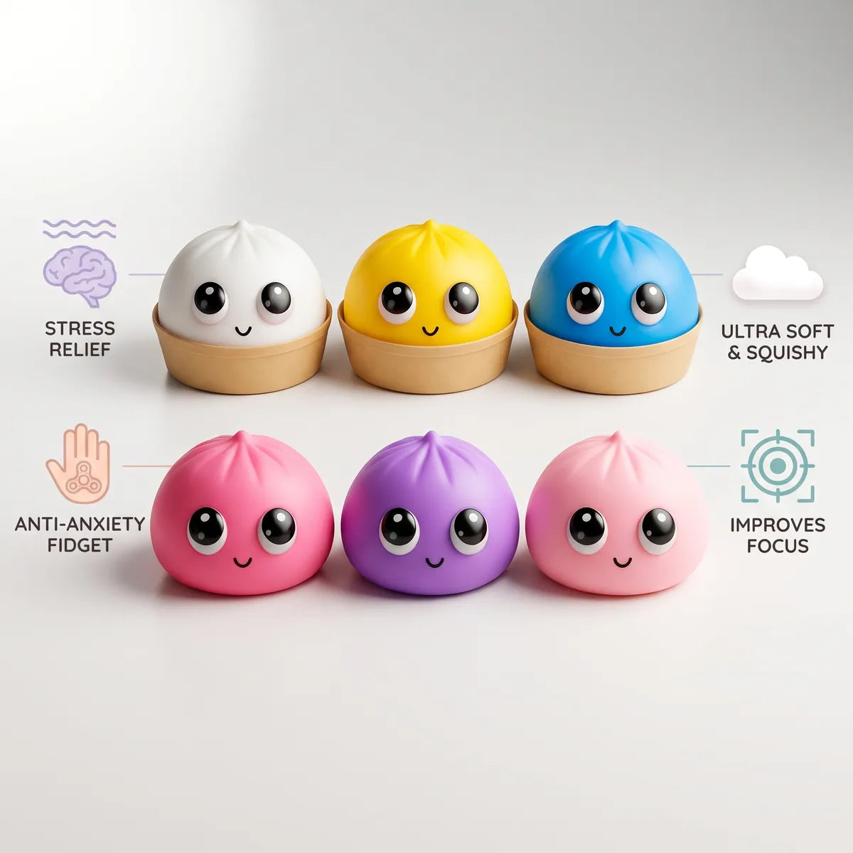 Infographic listing the stress relief benefits of the mystery pop dumpling squishy