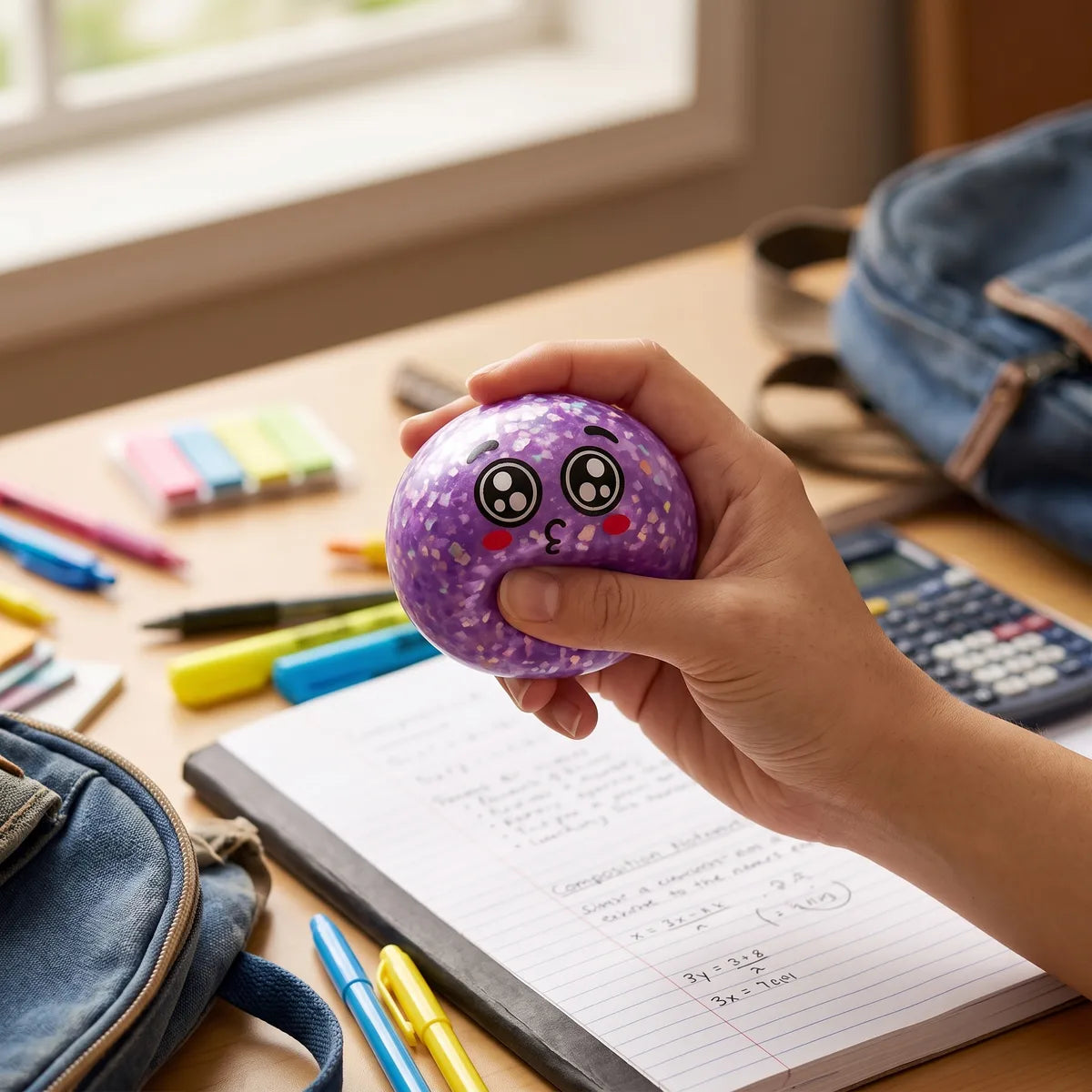 Person squeezing a mystery puppy eyed dumpling squishy as a fidget toy