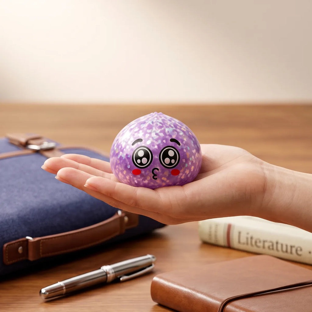 Hand holding an 8.5 cm mystery puppy eyed dumpling squishy to show its size